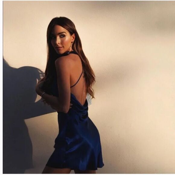 Zara bloggers favorite Blue Satin Effect Jewel Chain Mini Dress Size small - Picture 2 of 16